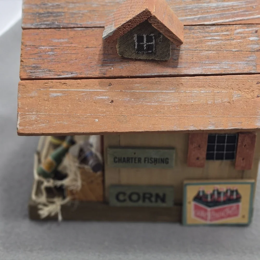 Vintage  Decorative Wooden Bird House Live Bait Shop Fishing Folk Art. J